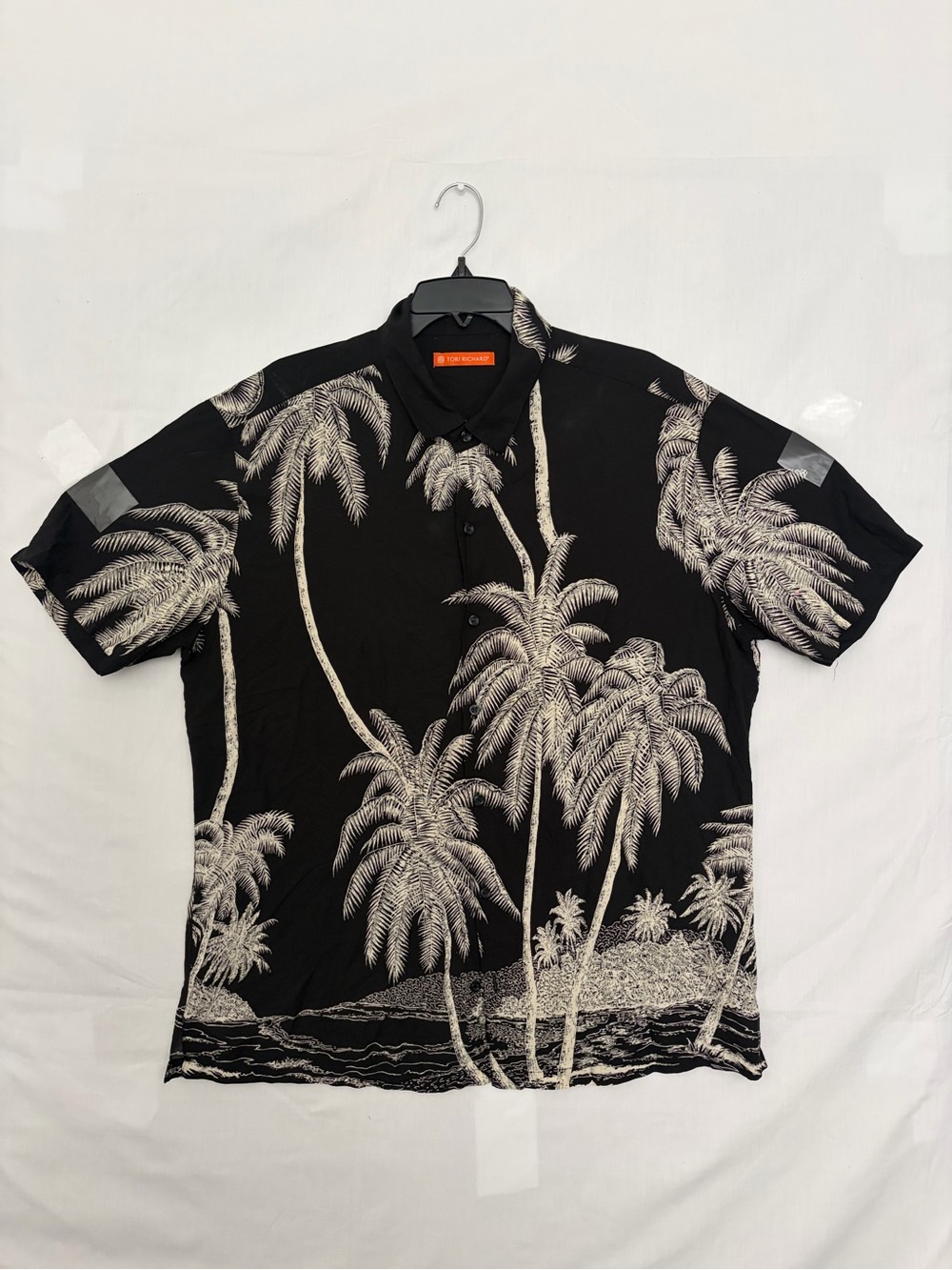 Tori Richard Mens XL Hawaiian Shirt Black Palm Tree Viscose Aloha Button(A912)